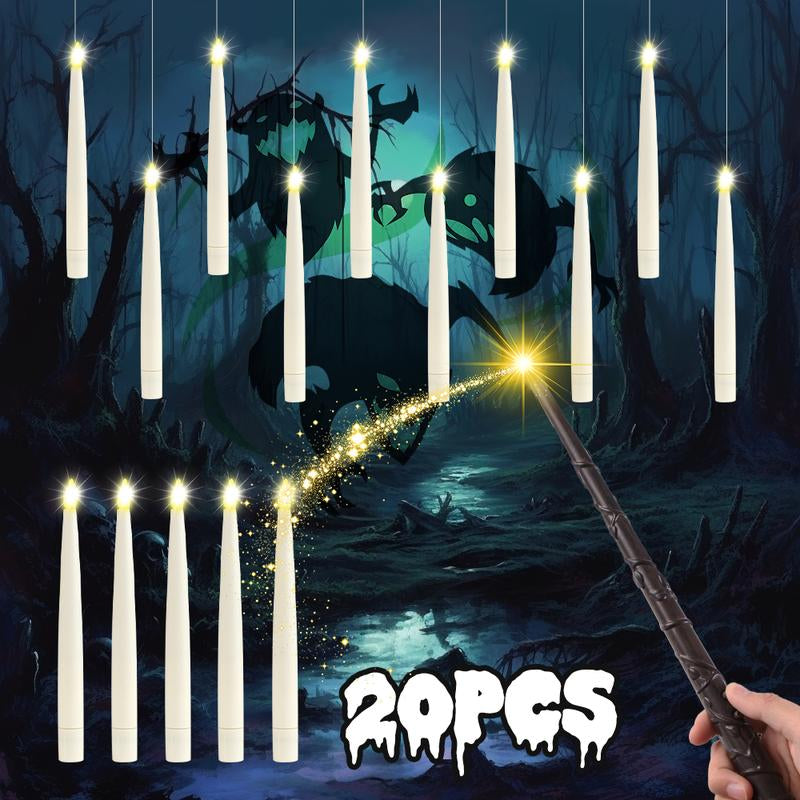 20 Pack Hanging Floating Flameless LED Candles with Wand Remote - Taper Candles with 6H Timer – 164Ft Fishing Line, Hooks – Magic Wand Candles for Halloween, Christmas, Party, Bedroom Decorations