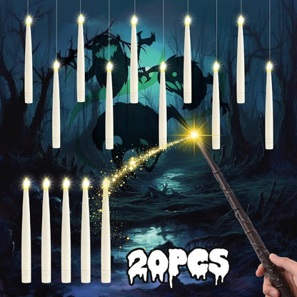 20 Pack Hanging Floating Flameless LED Candles with Wand Remote - Taper Candles with 6H Timer – 164Ft Fishing Line, Hooks – Magic Wand Candles for Halloween, Christmas, Party, Bedroom Decorations