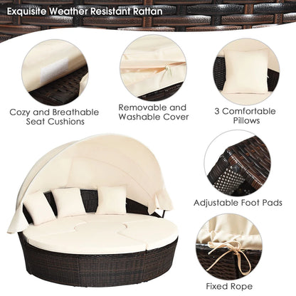Cushioned Patio Rattan round Daybed W/ Adjustable Table 3 Pillows Canopy
