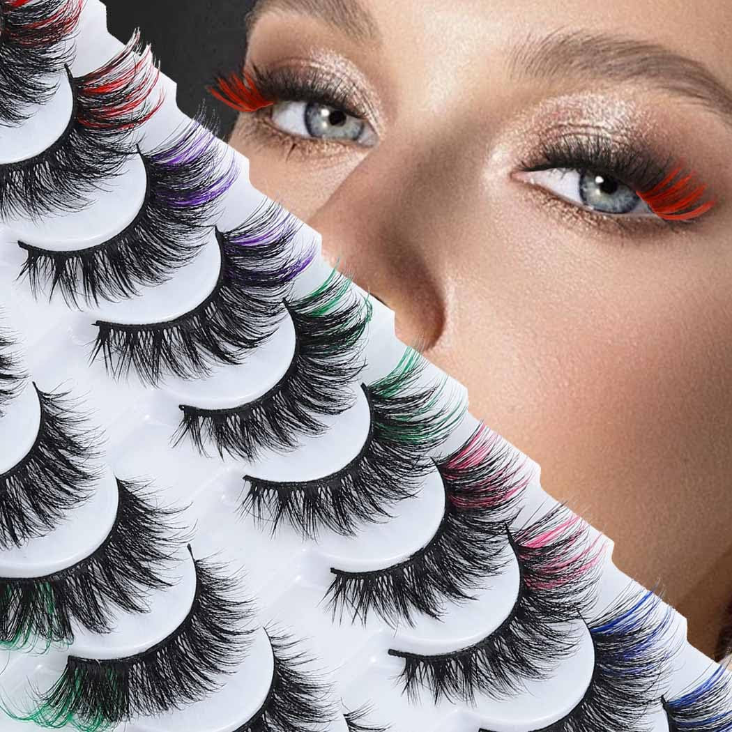 Colorful Fluffy Faux Mink Lashes Colored 3D Curl Strip Long Eye Lashes 10 Pairs Dramatic Lashes Volume Fake Eyelashes for Women and Girls