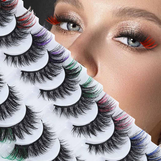 Colorful Fluffy Faux Mink Lashes Colored 3D Curl Strip Long Eye Lashes 10 Pairs Dramatic Lashes Volume Fake Eyelashes for Women and Girls