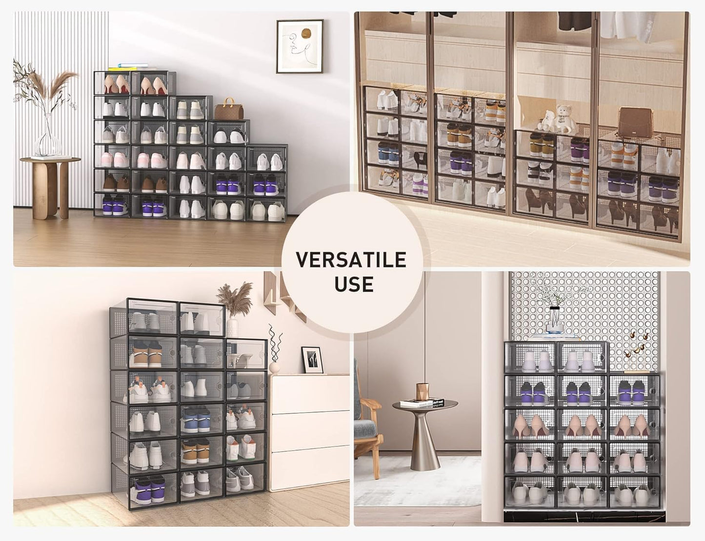 X-Large Shoe Storage Boxes Organizers Clear Plastic Stackable 12 Pack, Shoe Rack & Holder Substitute, Sneaker Containers, Toy Storage Organizer Bins for Entryway, Closet, under Bed, Black