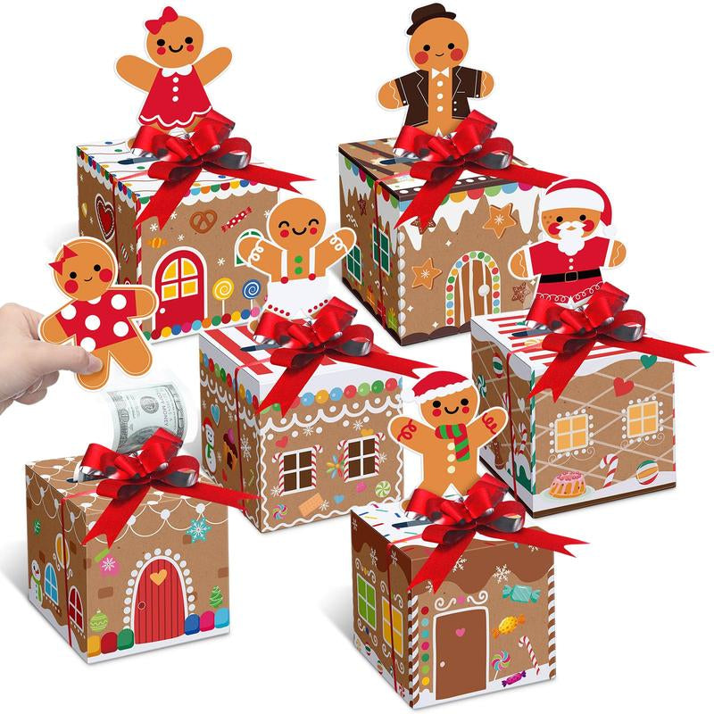 12 Pcs Christmas Money Box Christmas Party Gift Money Gift Boxes for Cash Pop up Christmas Money Holders for Cash with Festive Red Bows Clear Cash Seal Bags Penguin Santa Reindeer Snowman Gingerbread Men Pattern for Birthday Christmas Party Favor Supplies