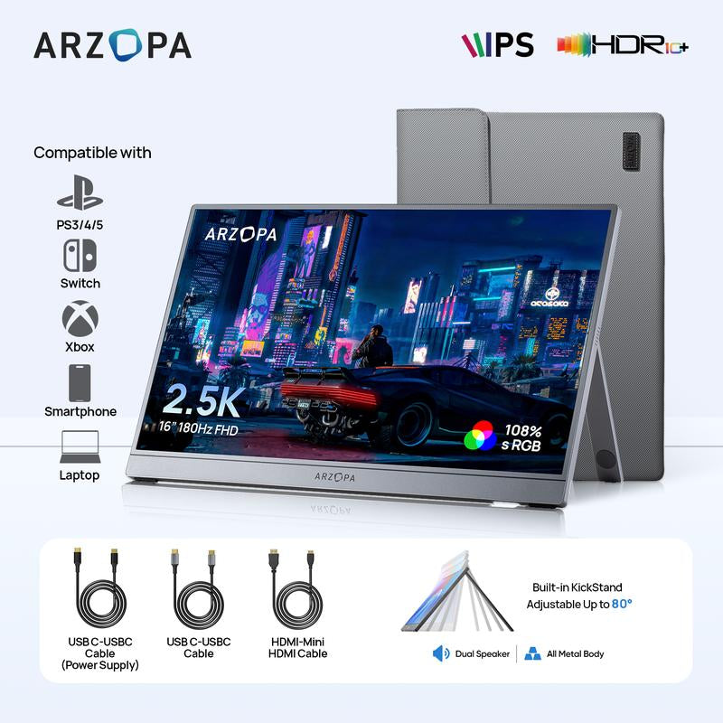 16.1" 2.5K 180Hz Portable Gaming Monitor 106% Srgb 2560X1600 QHD 1080P Ultra Slim External Second Screen for Laptop PC PS5 Mac Xbox with Built-In Kickstand & Dual Speakers