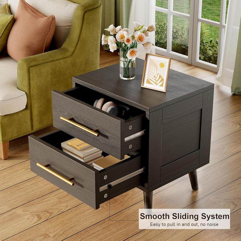 Gizoon Nightstand, Bedside Table with Metal Handles, Modern Wood Night Stand 2 Drawer Dresser for Bedroom, Black Furniture