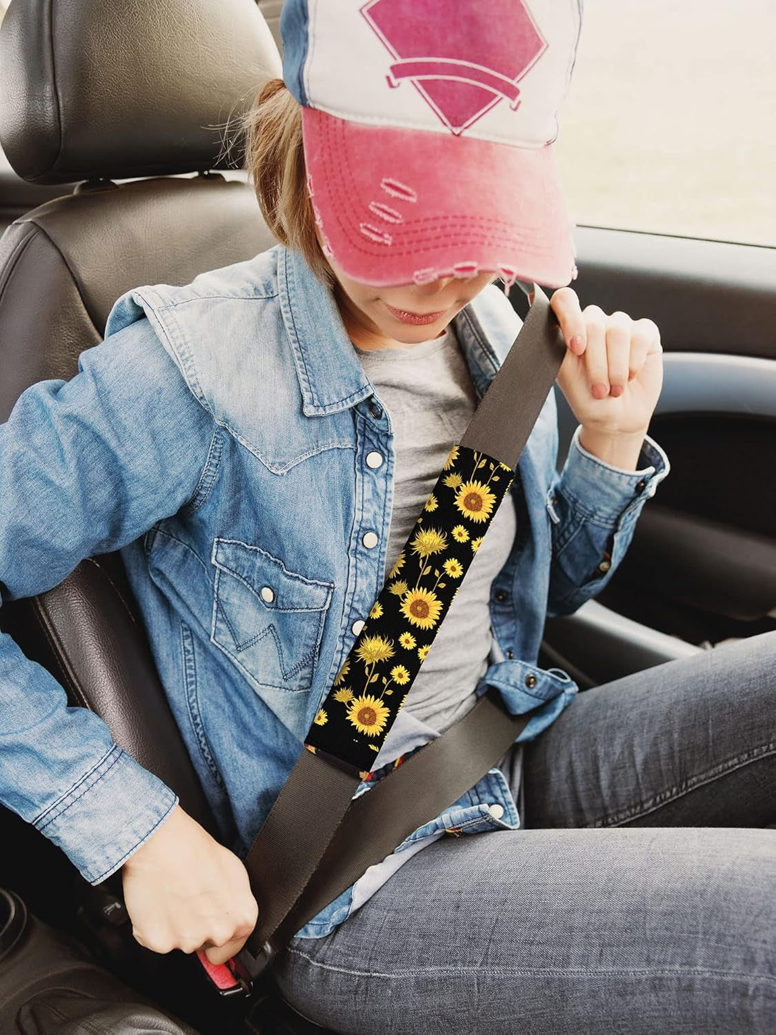 26 Pieces Sunflower Car Accessories, Sunflower Seat Covers Full Set Floor Mat Steering Wheel Cover Seat Belt Shoulder Pads Center Armrest Pad Gear Cover Handbrake Interior Car Decor