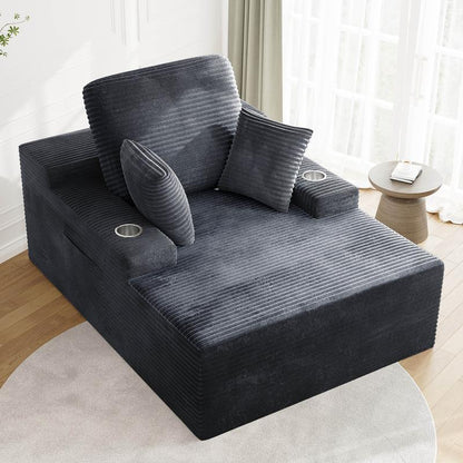 49" Oversized Chaise Lounge Sofa Bed with 2 Cup Holders & Storage Pocket - Plush Corduroy Upholstered, No Assembly Cloud Couch for Living Room, Bedroom, or Reading Nook