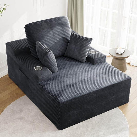 49" Oversized Chaise Lounge Sofa Bed with 2 Cup Holders & Storage Pocket - Plush Corduroy Upholstered, No Assembly Cloud Couch for Living Room, Bedroom, or Reading Nook