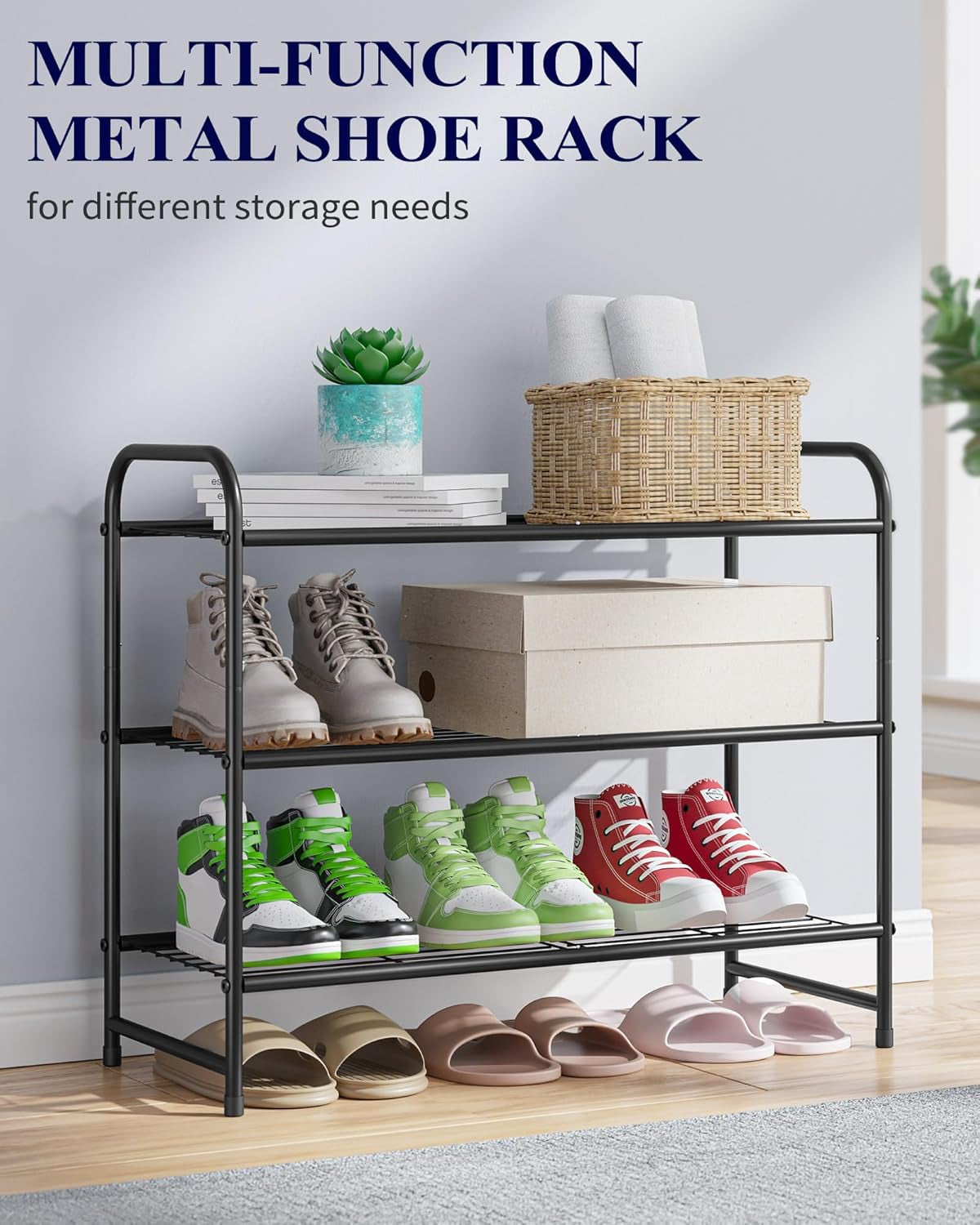 Shoe Rack - Stainless Steel Shoe Organizer, Sturdy Shoe Rack for Closet and Front Door Entrance, Free Standing Shoe Shelf, Closet Organizers and Storage, 25.6" Wide - 3 Tier, Black