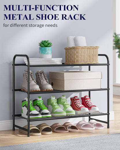 Shoe Rack - Stainless Steel Shoe Organizer, Sturdy Shoe Rack for Closet and Front Door Entrance, Free Standing Shoe Shelf, Closet Organizers and Storage, 25.6" Wide - 3 Tier, Black