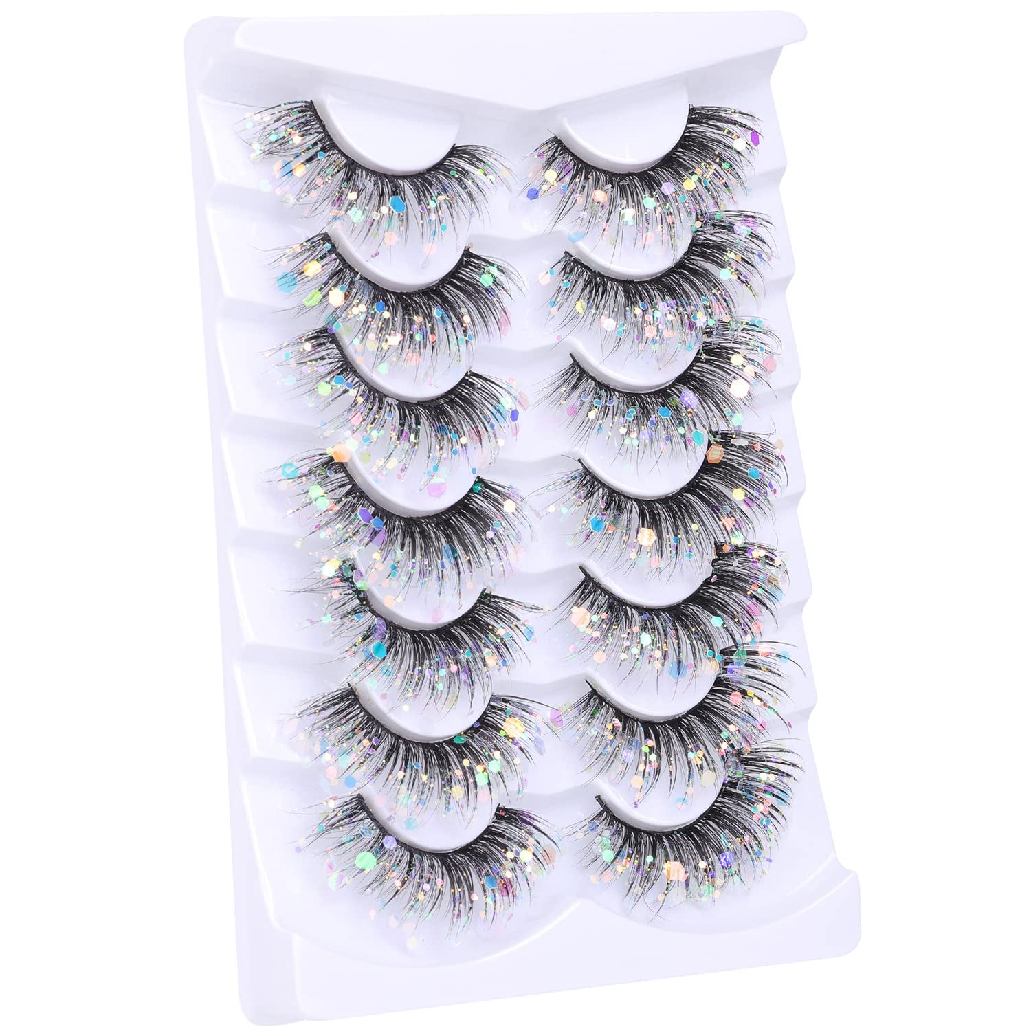 Glitter Lashes Dramatic Faux Eyelashes with Shinny Glitter Decorative Colored Lashes Glow in the Dark Faux Mink Eyelahses Cat Eye Strip Lashes Pack 7 Pairs