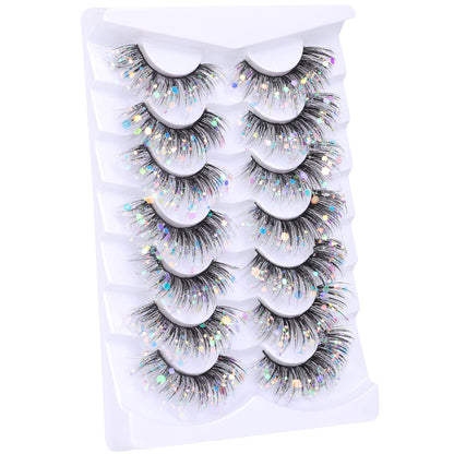 Glitter Lashes Dramatic Faux Eyelashes with Shinny Glitter Decorative Colored Lashes Glow in the Dark Faux Mink Eyelahses Cat Eye Strip Lashes Pack 7 Pairs