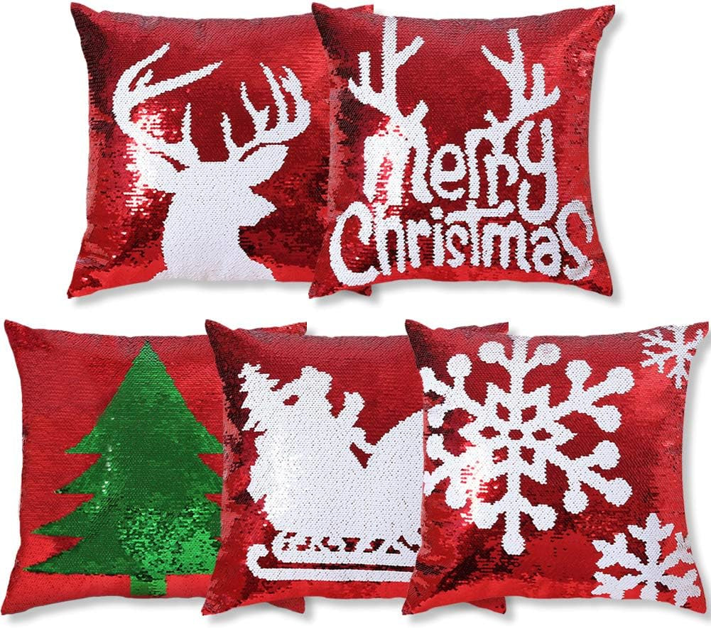 Reversible Sequins Pillow Covers 18 X 18 Inch Christmas Sequin Pillow Case Magic Red Mermaid Throw Decorative Pillowcase (Red-5 Pieces)