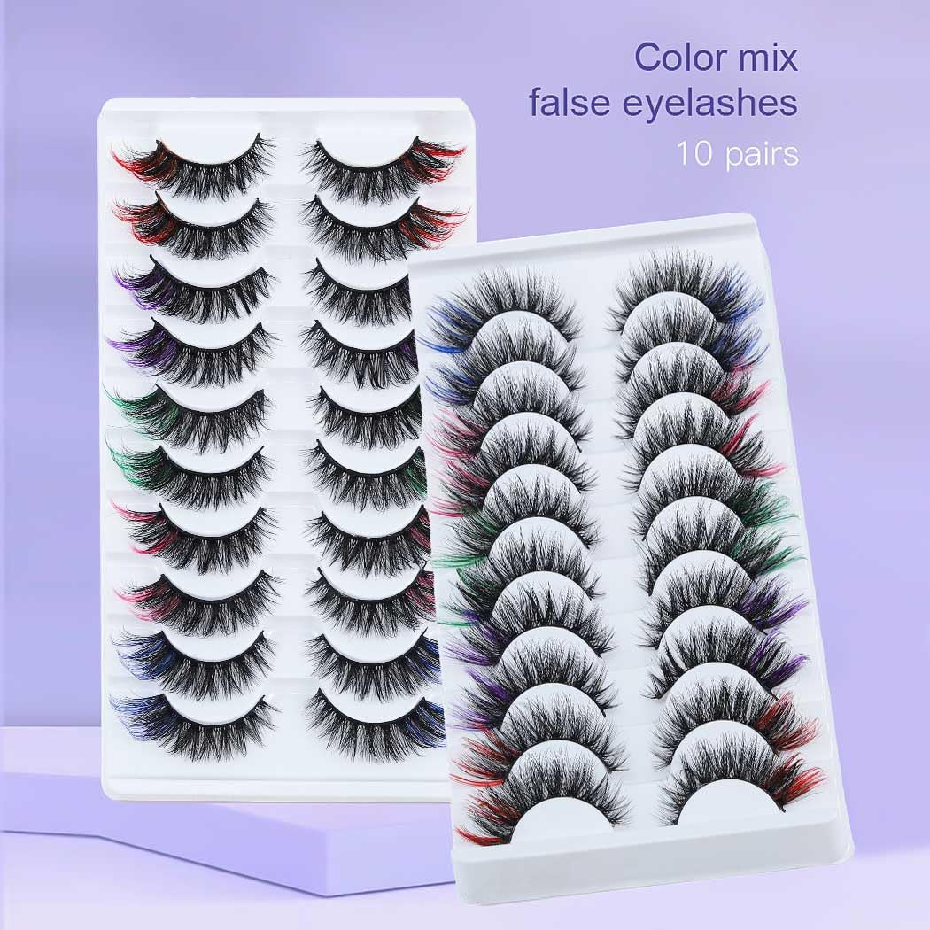 Colorful Fluffy Faux Mink Lashes Colored 3D Curl Strip Long Eye Lashes 10 Pairs Dramatic Lashes Volume Fake Eyelashes for Women and Girls