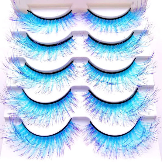 Ombre Colored Lashes Silk Protein Fluffy Wispy Volume Fake Lashes for Halloweens Cosplay Party Stage Russian D Curl Lashes with Color Make up Faux Mink False Eyelashes 5 Pairs