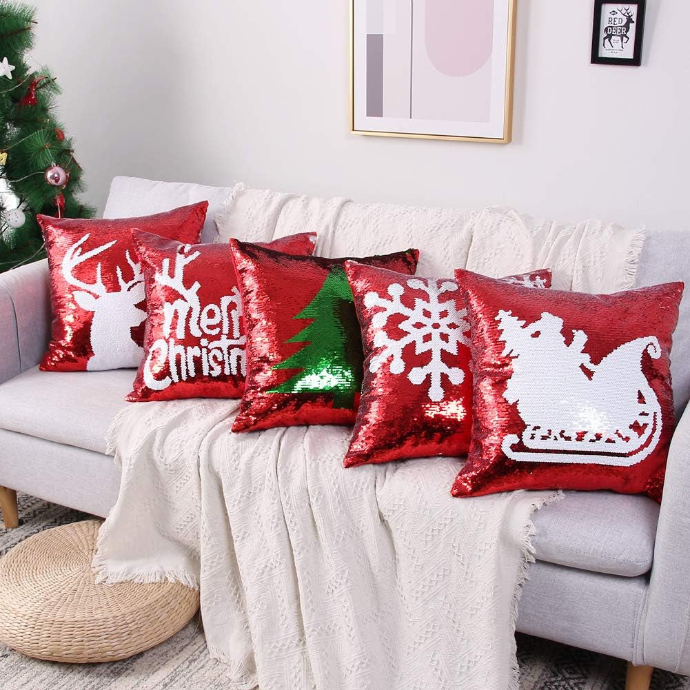 Reversible Sequins Pillow Covers 18 X 18 Inch Christmas Sequin Pillow Case Magic Red Mermaid Throw Decorative Pillowcase (Red-5 Pieces)