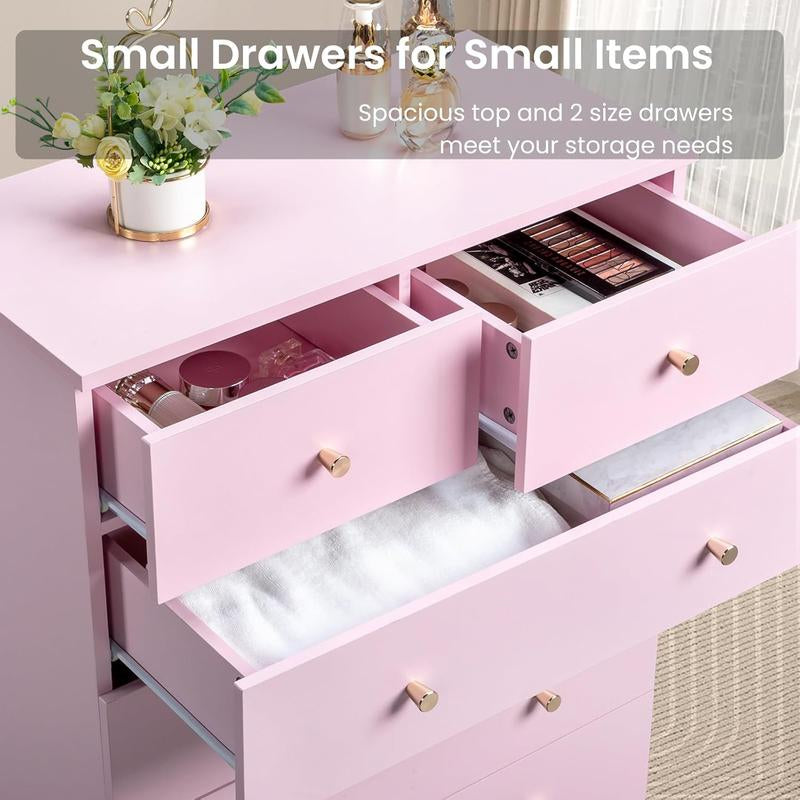 Pink/White/Brown/Grey - 5 Drawer Dresser for Bedroom, Modern Wood Dresser Chest of Drawers, Bedroom Dressers for Girls, Anti-Tipping Device, Rose Gold Metal Handle, Living Room, Entryway, Hallway, Office