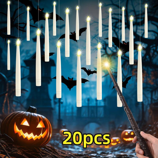 20 Pack Hanging Floating Flameless LED Candles with Wand Remote - Taper Candles with 6H Timer – 164Ft Fishing Line, Hooks – Magic Wand Candles for Halloween, Christmas, Party, Bedroom Decorations