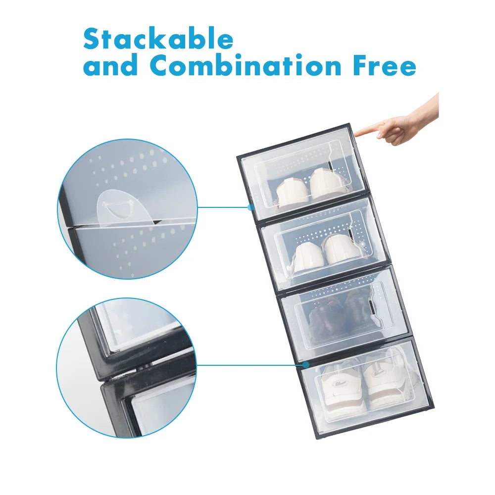 Clear Shoe Ogranizer for Closet,Shoes Boxes Bins Stackable,Folding Shoe Sneaker Containers Storage Box Rack with Lids 12 Pack