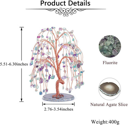 Natural Healing Crystals Fluorite Tree Tumbled Gemstone Stones Money Tree, Geode Agate Slices Base Feng Shui Ornaments Home Table Decoration for Wealth and Luck 5.5"-6.3"