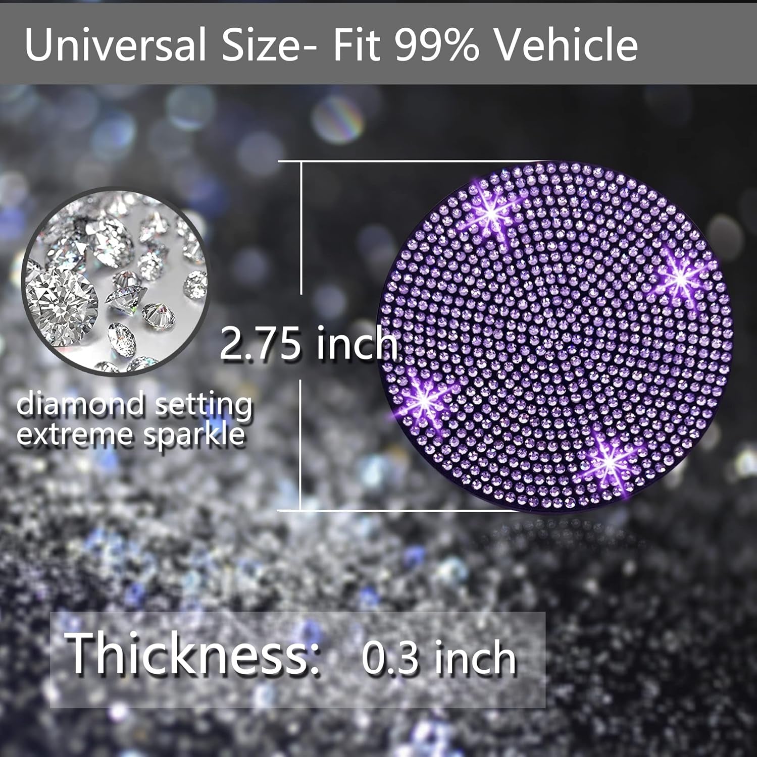 2Pcs Bling Car Cup Holder, Coaster, 2.75 Inch Anti-Slip Shockproof Universal Car Coasters Insert Bling Crystal Rhinestone Automotive Interior Accessories for Women (2 Pcs, Purple Violet)