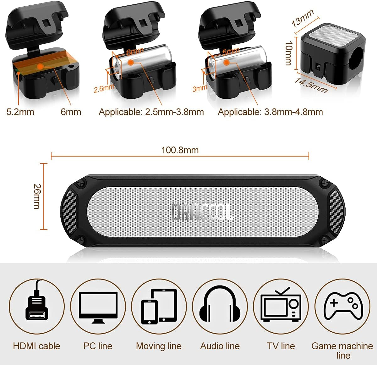 Magnetic Cable Holder 6 Slots Cable Clips Cable Management Wire Organizer under Desk Self Adhesive Sticky for USB Cord Wall Nightstand Car Charging Power Office Home Wire Clips - Black