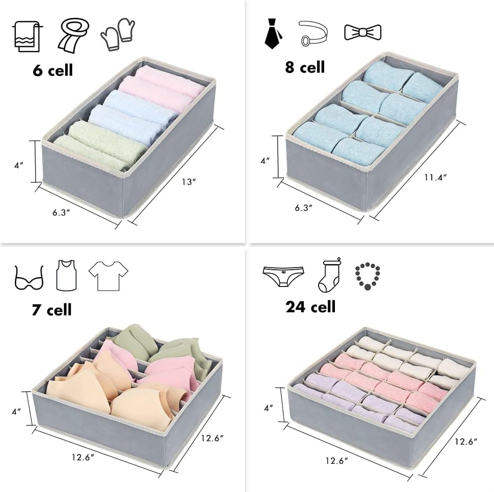 4 Pack Foldable Underwear and Bras Drawer Organizers, Fabric Closet Dresser Drawers Organizers Dividers, Clothing Storage Organizers Box for Lingerie, Panties, Socks, Briefs,Ties, Gray