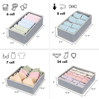 4 Pack Foldable Underwear and Bras Drawer Organizers, Fabric Closet Dresser Drawers Organizers Dividers, Clothing Storage Organizers Box for Lingerie, Panties, Socks, Briefs,Ties, Gray