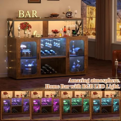 Bar Cabinet with Power Outlets, Liquor Cabinet with Led Lights and Glass Holder, Storage Buffet Cabinet Coffee Bar