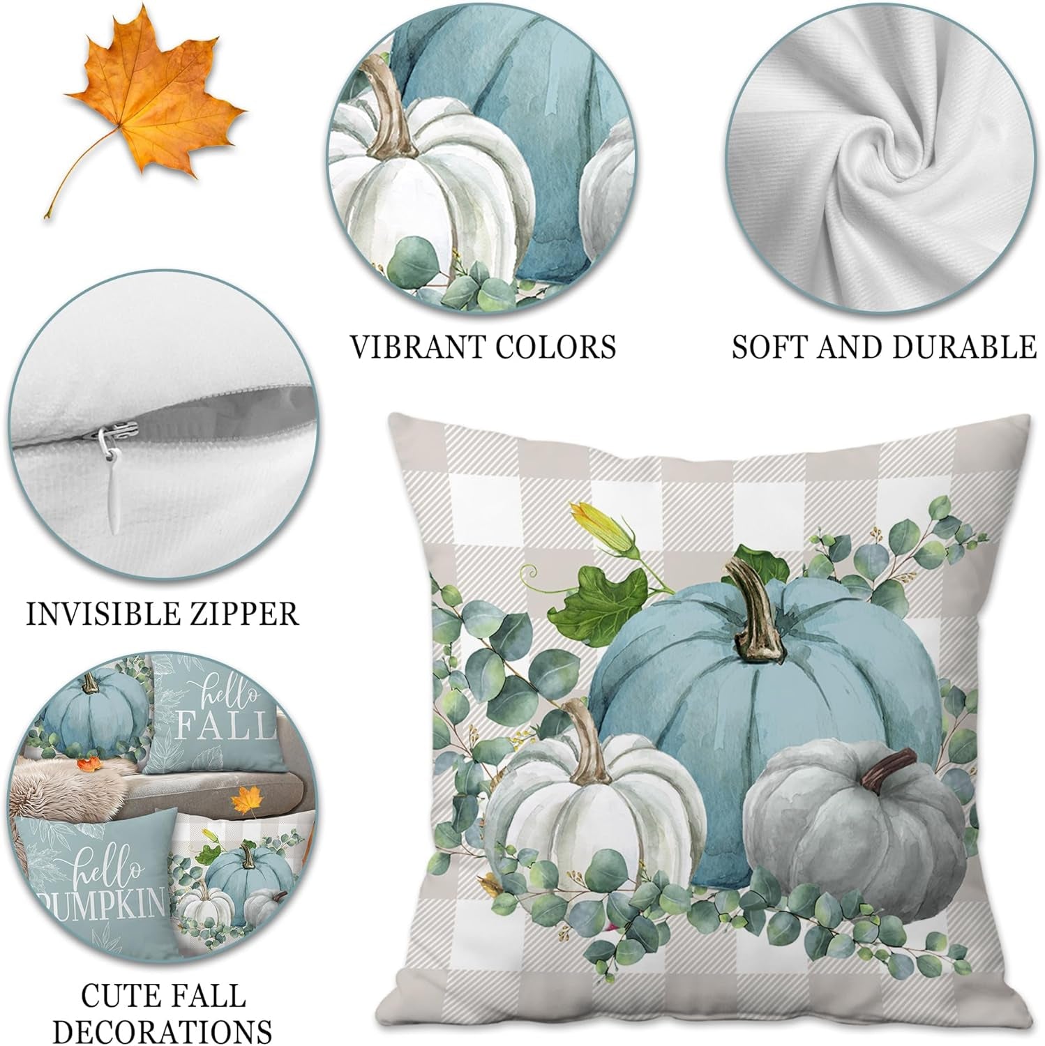 Fall Pillow Covers 18X18 Set of 4, Fall Decorations for Home Throw Pillows for Couch, Indoor & Outdoor Autumn Decor - Blue Pumpkin Seasonal Pillow Covers