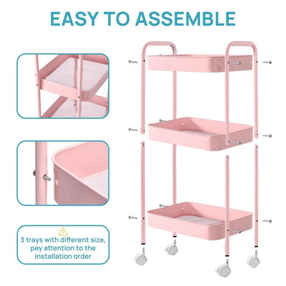 Transparent Stackable Drawer Organizer with Handles for Bathroom Kitchen Pantry under Sink Cabinet Closet Makeup Multifunctional Storage Solution 5-10Kg Capacity, 3-Tier Metal Rolling Cart with Wheels Pink