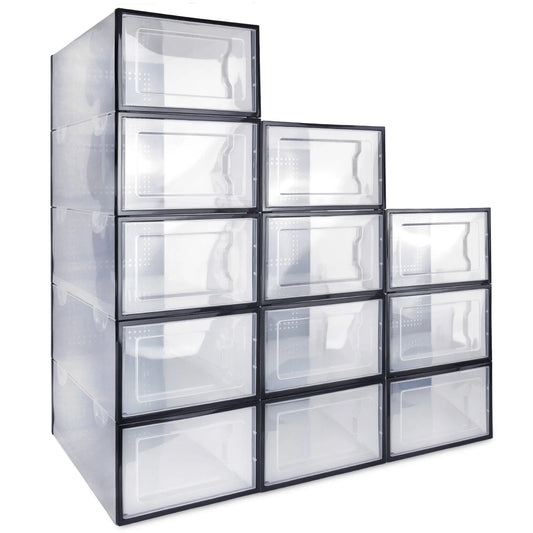 Clear Shoe Ogranizer for Closet,Shoes Boxes Bins Stackable,Folding Shoe Sneaker Containers Storage Box Rack with Lids 12 Pack