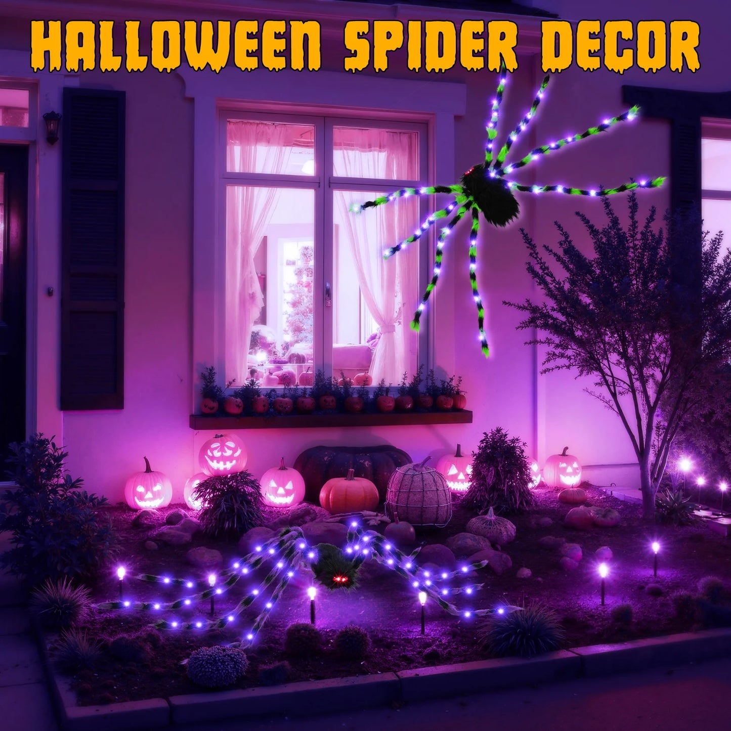 2 Giant LED 5Ft Spiders!  Light up Spider, Halloween Decorations Outdoor, 2 Pack Scary Large Halloween Spider Decor for Home Party Favor Yard Decor
