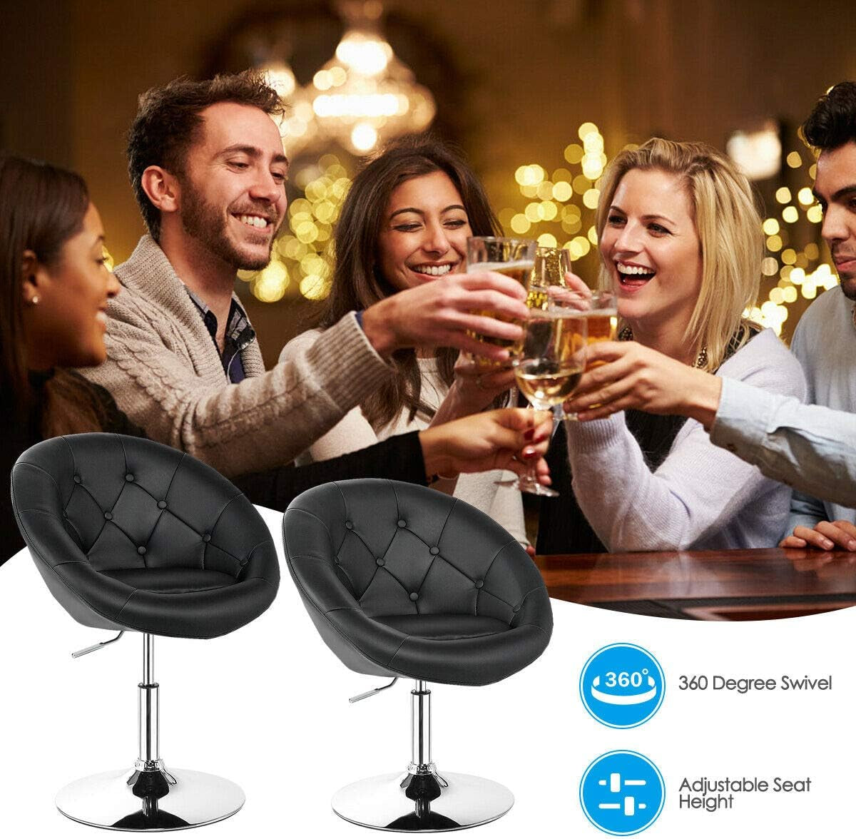 Vanity Chair, Swivel Bar Stools with Chrome Frame & Tufted Round-Back, Height Adjustable Makeup Chair Modern Accent Chair for Makeup Room, Living Room, Bedroom, Black