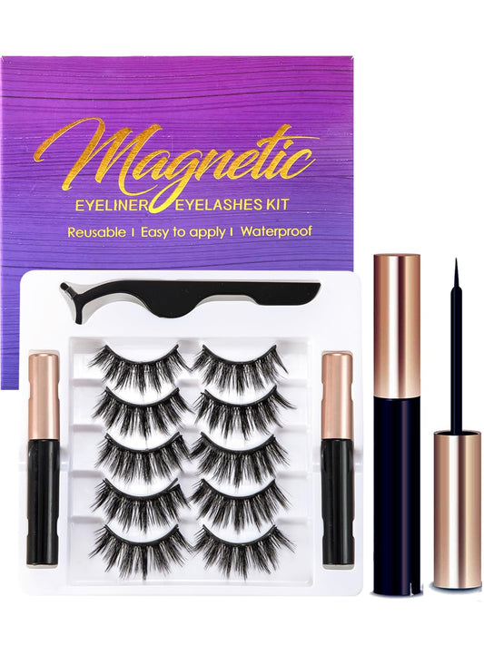 Magnetic Eyelashes with Eyeliner - Magnetic Eyeliner and Lashes Kit, 5D Faux Mink Lashes,Eyelashes Natural Look Reusable False Lashes (5 Pairs)
