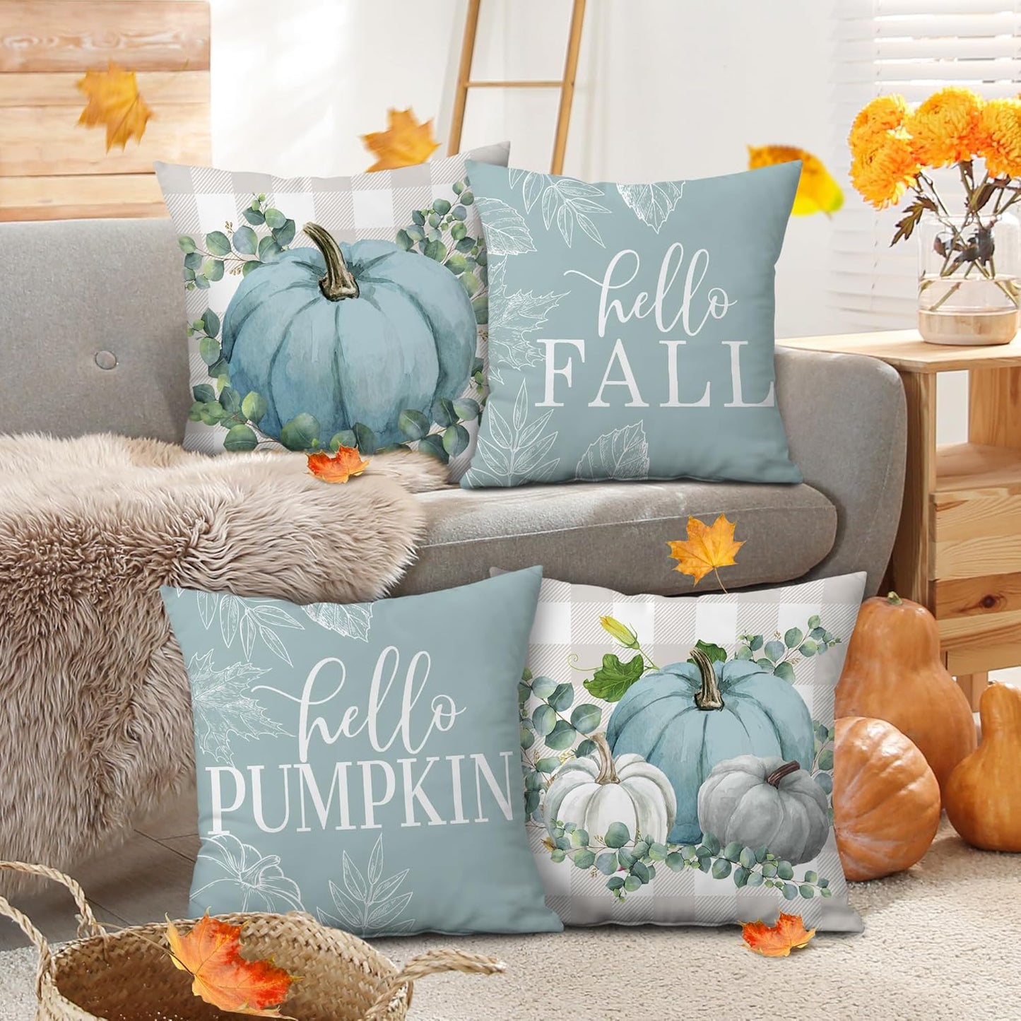 Fall Pillow Covers 18X18 Set of 4, Fall Decorations for Home Throw Pillows for Couch, Indoor & Outdoor Autumn Decor - Blue Pumpkin Seasonal Pillow Covers