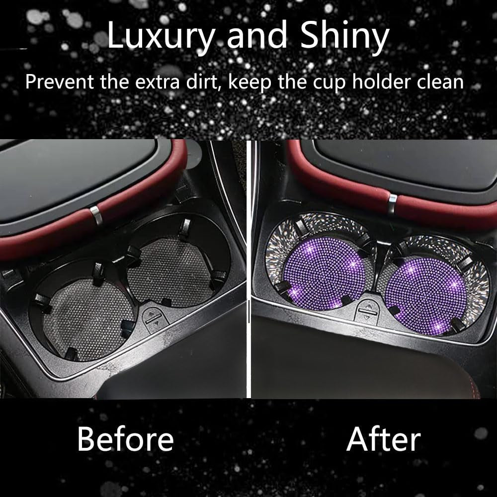 2Pcs Bling Car Cup Holder, Coaster, 2.75 Inch Anti-Slip Shockproof Universal Car Coasters Insert Bling Crystal Rhinestone Automotive Interior Accessories for Women (2 Pcs, Purple Violet)