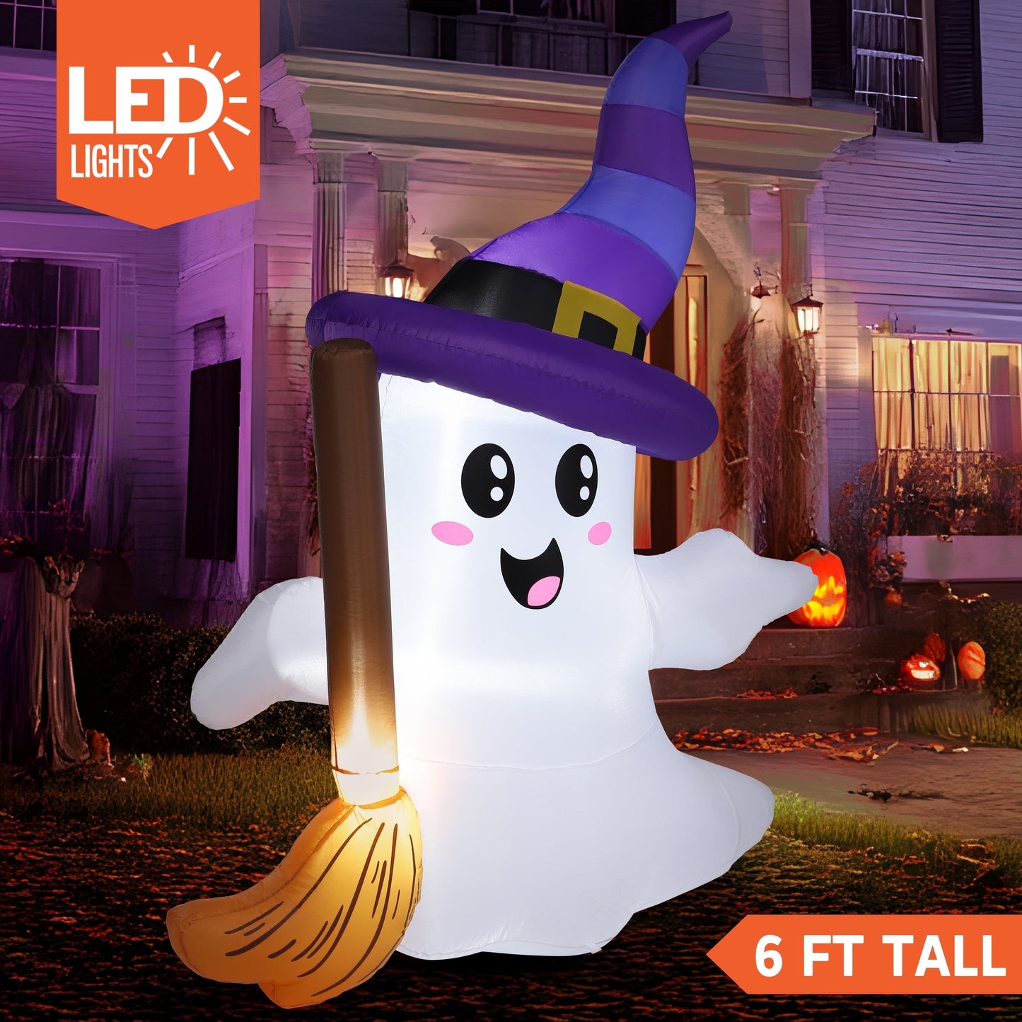 6Ft Halloween Inflatables Light up Cute Ghosts with Witch Hat, Halloween Decorations Outdoor, Blow up Halloween Yard Decorations