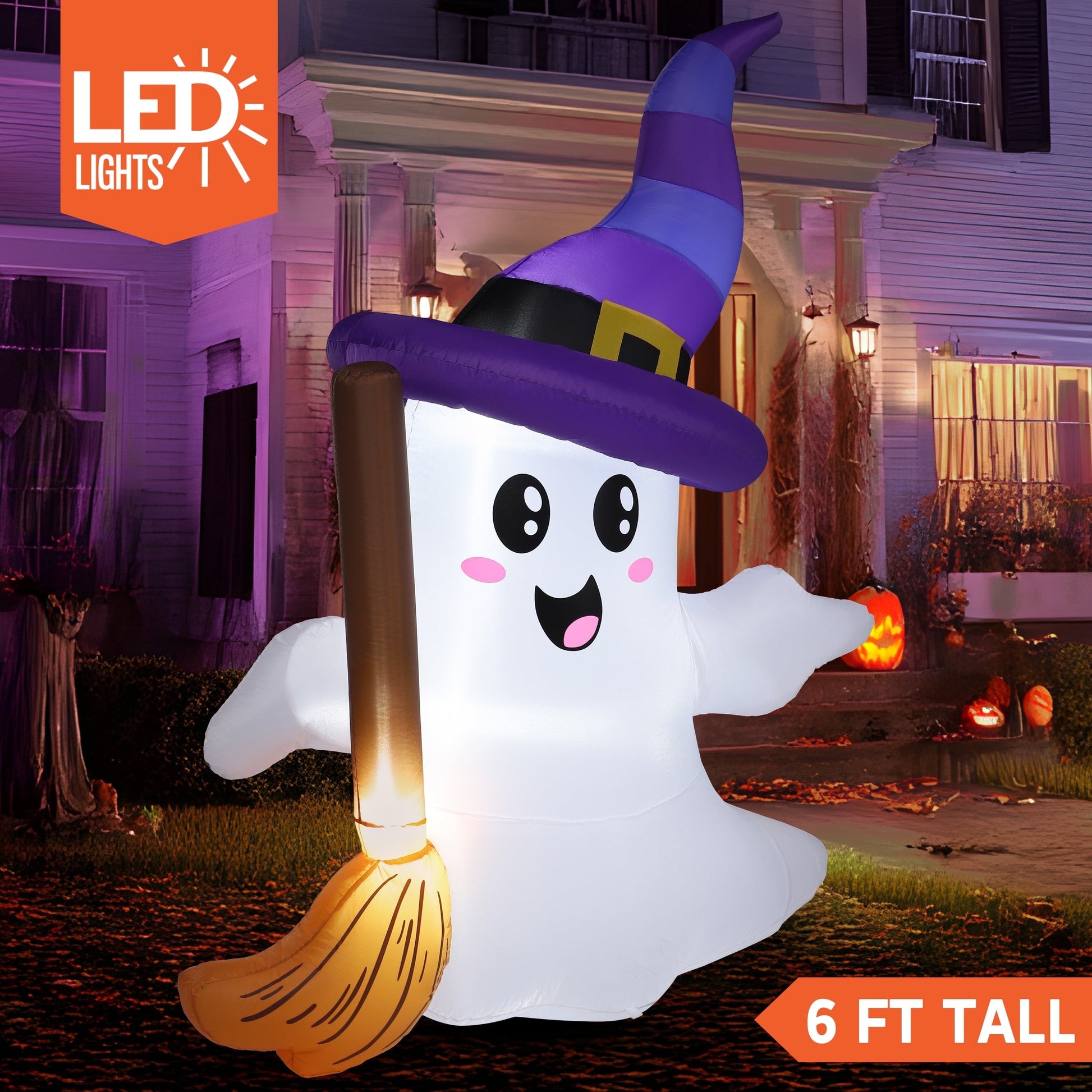 6Ft Halloween Inflatables Light up Cute Ghosts with Witch Hat, Halloween Decorations Outdoor, Blow up Halloween Yard Decorations