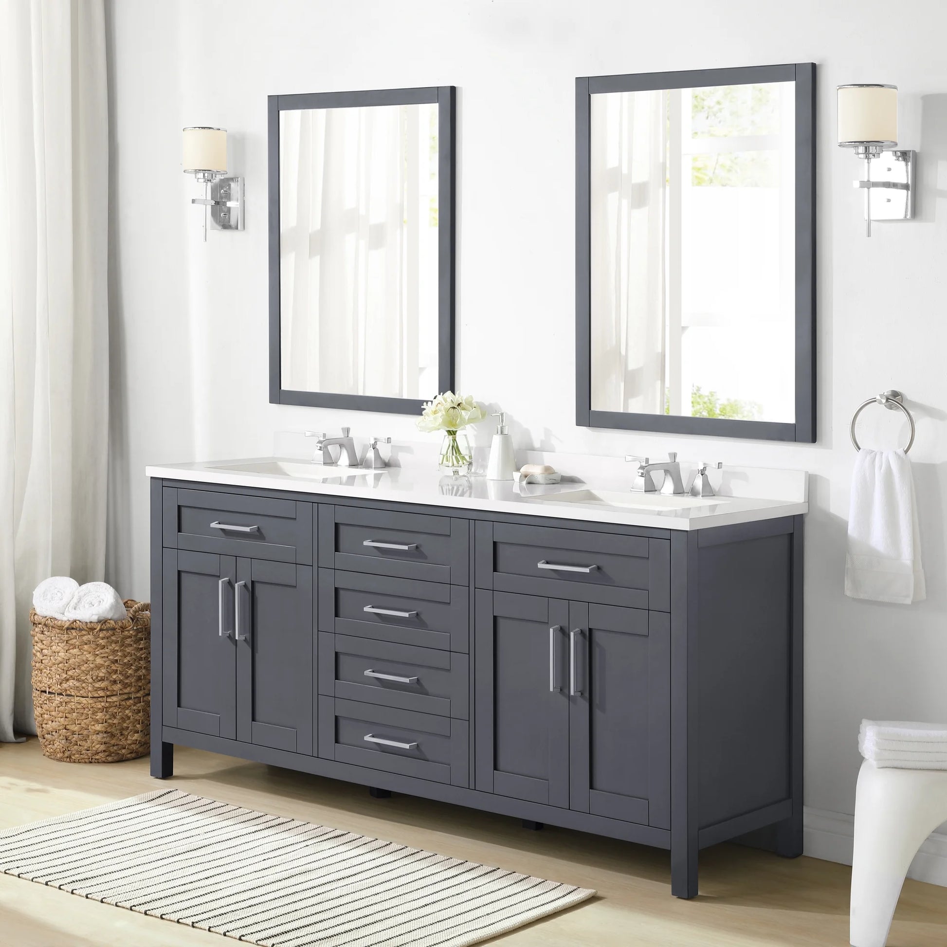 Dark Charcoal Bathroom Vanity with Engineered Marble Countertop and Framed Wall Mirrors 