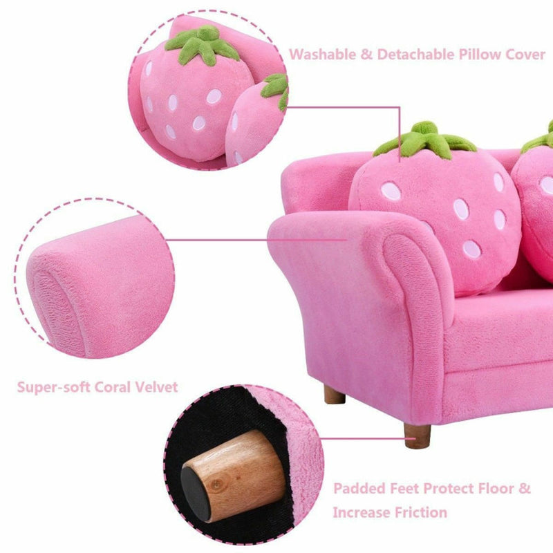 Kid Size! Strawberry Armrest Chair Sofa with 2 Cute Strawberry Pillows