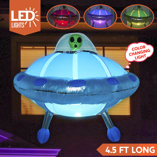 4.5 FT Halloween Inflatable Decorations Outdoor UFO Crashing through Window Broke Out from Window with Built-In Color Changing LED Blow up Inflatable for Yard Garden Lawn Decor