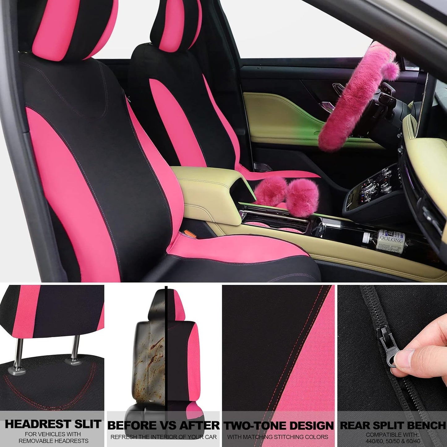 17 Pcs Car Seat Cover Full Set for Women Universal Fit Car Front Rear Fluffy Steering Wheel Fleece Handbrake Shift Covers Hanging Accessory Holder Ring Emblem(Pink Black)