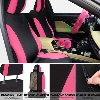 17 Pcs Car Seat Cover Full Set for Women Universal Fit Car Front Rear Fluffy Steering Wheel Fleece Handbrake Shift Covers Hanging Accessory Holder Ring Emblem(Pink Black)