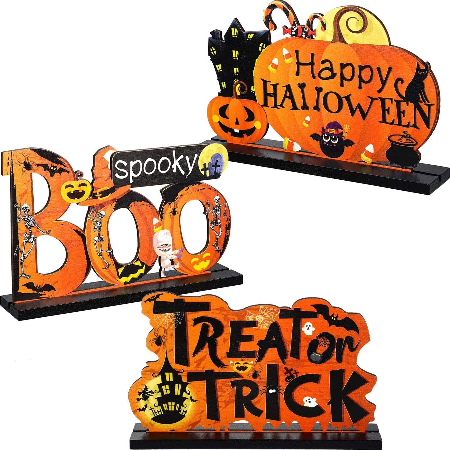 3Pcs Halloween Centerpieces for Tables Happy Indoor Table Decorations Pumpkin Table Centerpieces Wooden Boo Trick or Treat Sign for Halloween Party Indoor Tier Tray Room