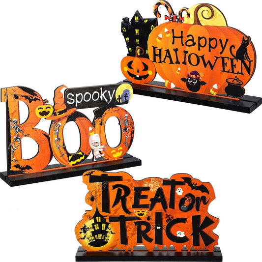 3Pcs Halloween Centerpieces for Tables Happy Indoor Table Decorations Pumpkin Table Centerpieces Wooden Boo Trick or Treat Sign for Halloween Party Indoor Tier Tray Room