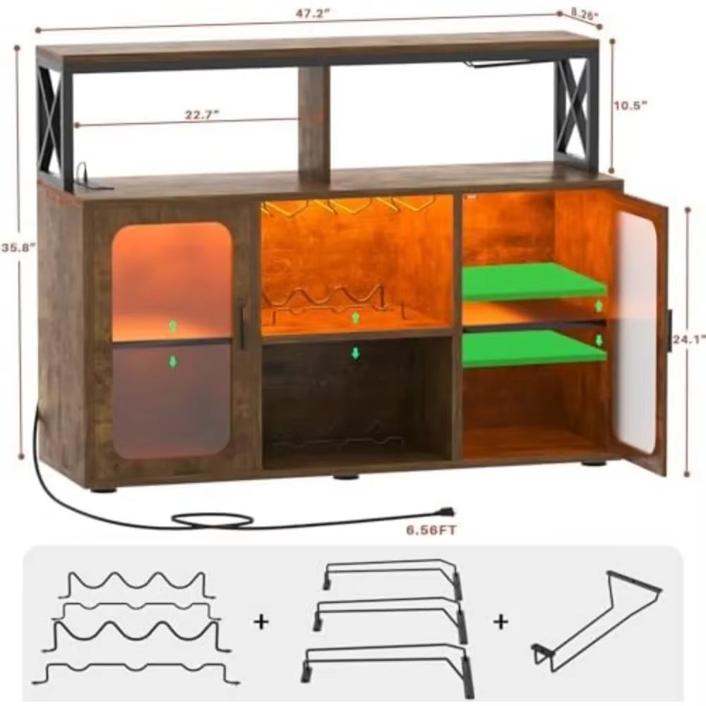Bar Cabinet with Power Outlets, Liquor Cabinet with Led Lights and Glass Holder, Storage Buffet Cabinet Coffee Bar