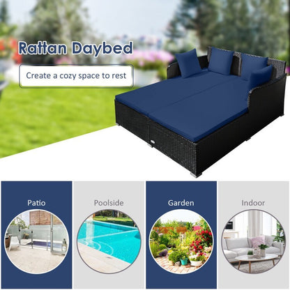 Outdoor Patio Rattan Daybed Wicker Sofa Deck Furniture W/Cushions & Pillows Navy