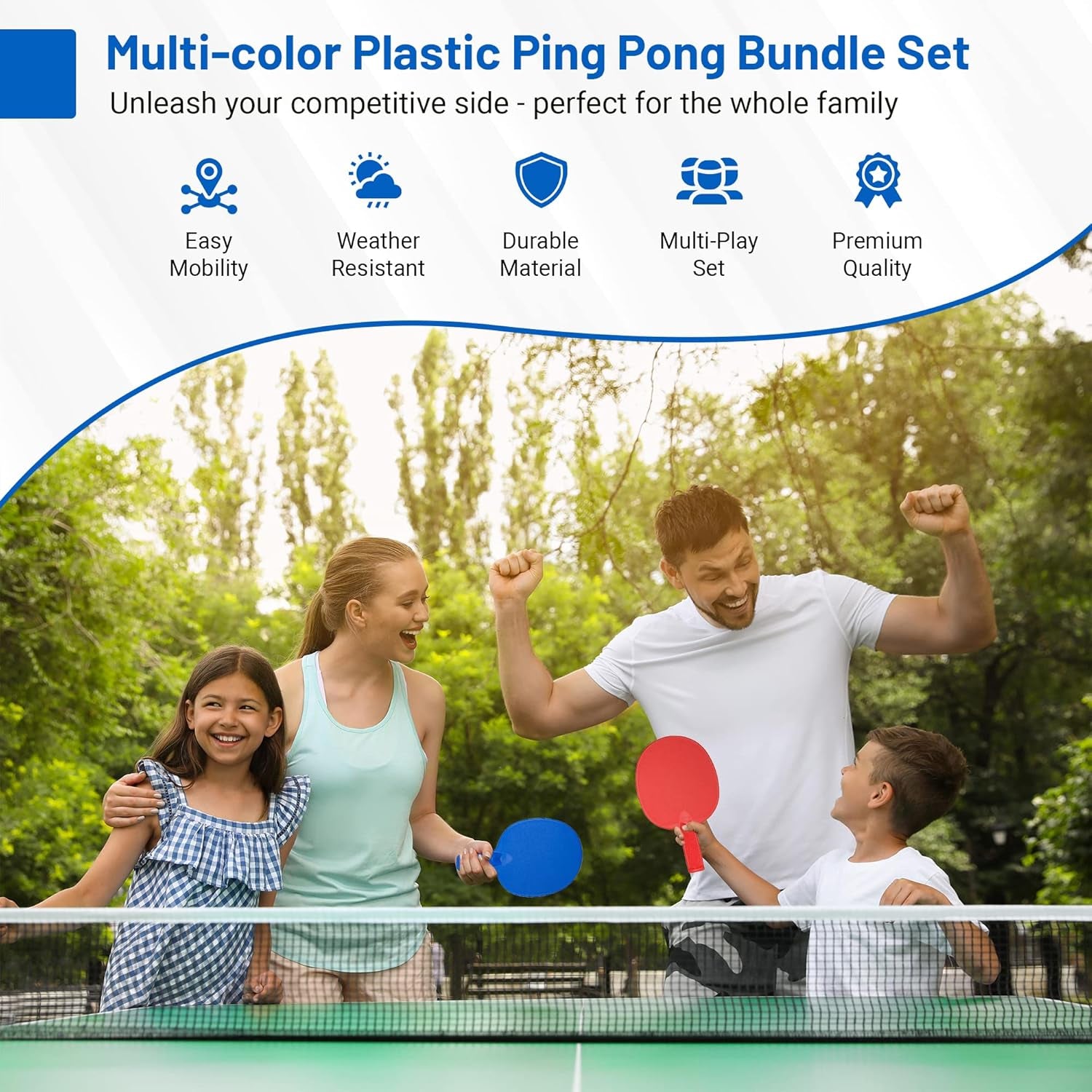 Plastic Portable Ping Pong Paddles Set of 4 Table Tennis Paddles with Retractable Ping Pong Net - 2 Ping Pong Balls with 1 Birdie. Perfect for Office, Lawn, and Beach Games for Adults and Families.