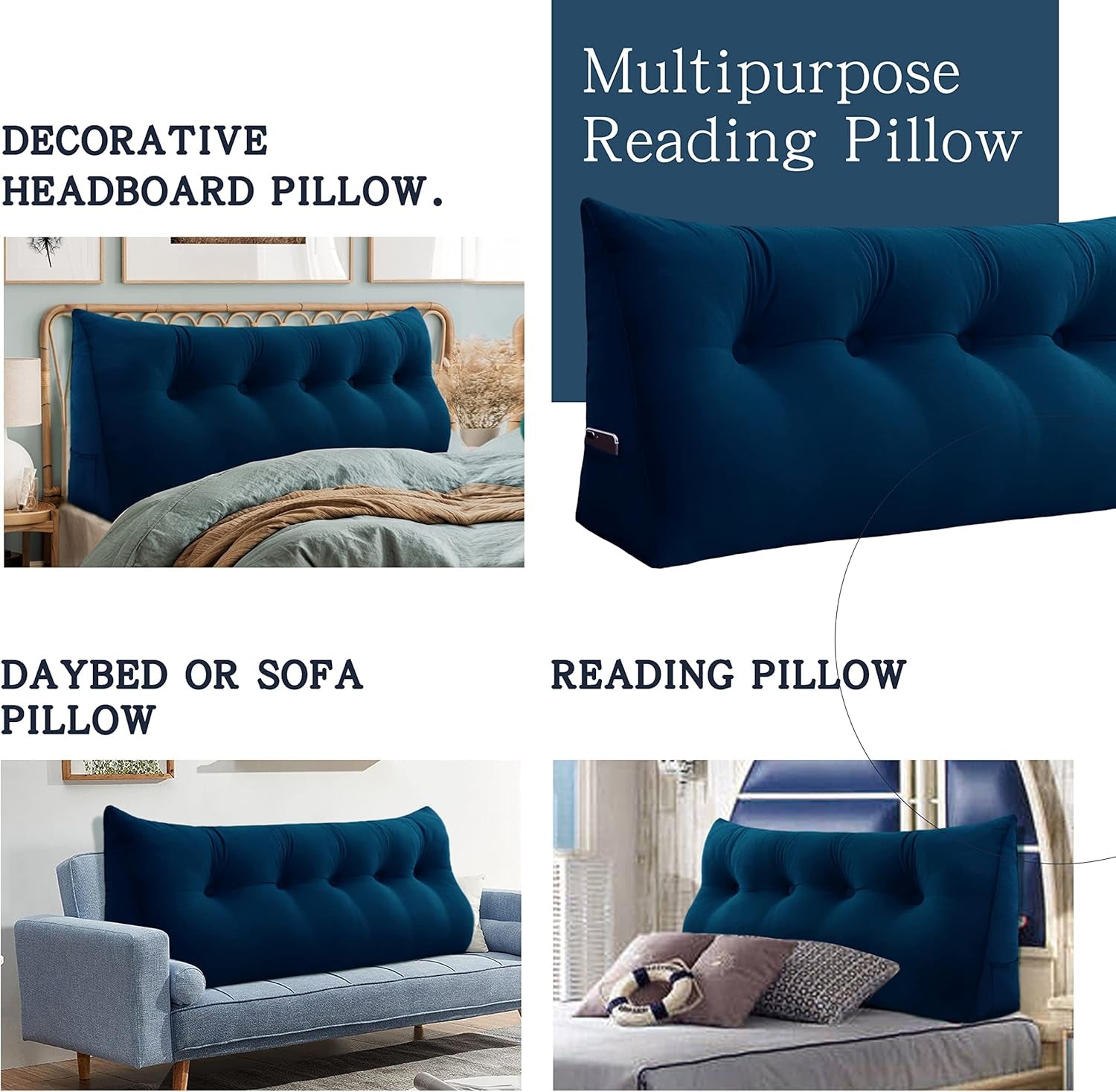 Large Headboard Pillow Wedge Bed Rest Reading Pillow Daybed Pillows Triangular Headboard Wedge Pillows Bolster Gap Filler Triangle Back Cushion Long Wedge Pillow, Velvet Deep Blue Twin